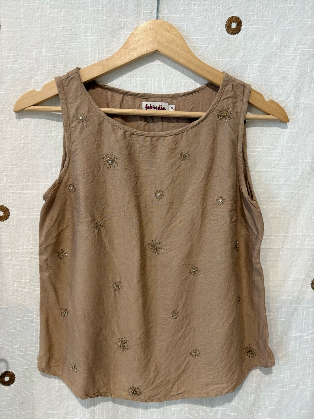 Fabindia Taupe Brown Embellished Sleeveless Viscose-Silk Blend Top